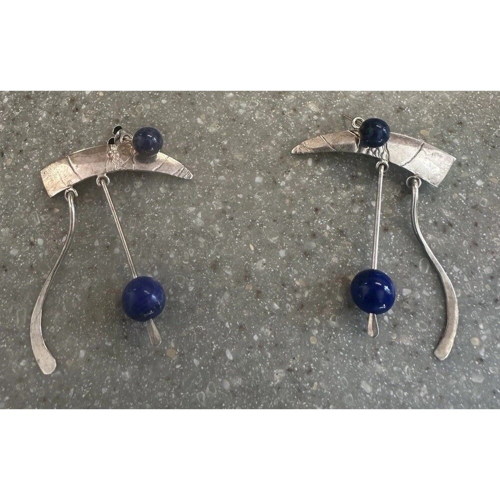 Stamped Peggy Robinson VTG Sterling 925 Lapis Dangle Earrings Detach Posts - Picture 2 of 8